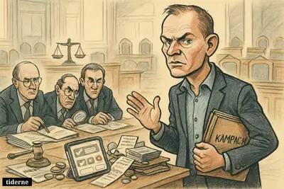 Caricature of Lars Boje Mathiesen facing parliamentary administrators over ad spending papers, social media screens, and public funding symbols in a chamber.