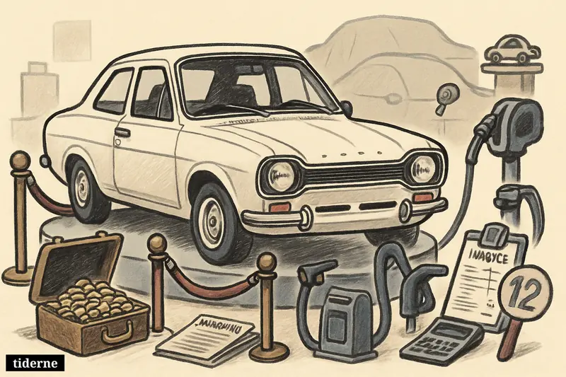 A classic Ford Escort Mk1 displayed like an exotic collector car, surrounded by money, insurance, fuel, and auction props.