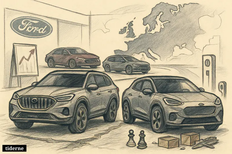 Five new Ford vehicles, including SUVs and electric models, are lined up in a European showroom scene symbolizing recovery and competition.