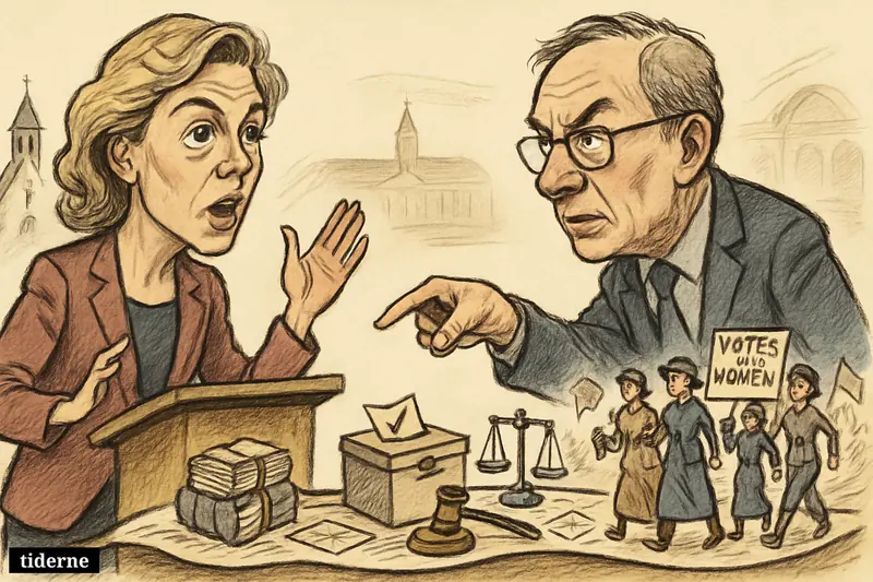 Ida Auken debates a male scholar across a timeline filled with ballots, constitutional symbols, and women suffrage figures, with a church in the background. (AI-genereret illustration)