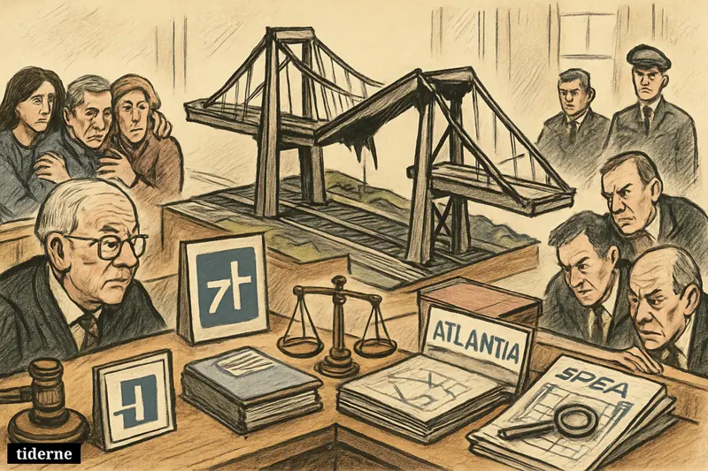 A courtroom scene with a broken bridge model, legal objects, corporate infrastructure symbols, and grieving families awaiting a verdict in Genoa. (AI-genereret illustration)