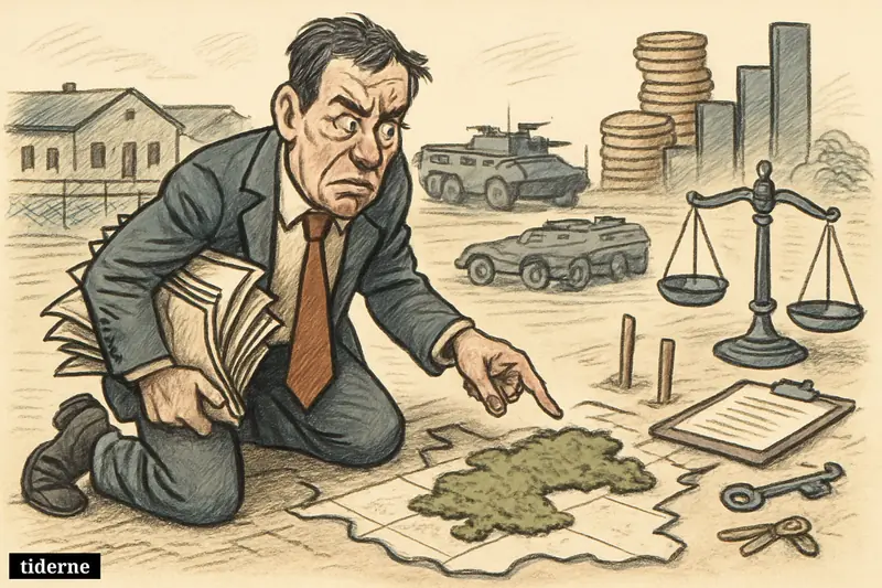 A worried government inspector examines giant moss on a military base while contracts spill and defense budget symbols rise behind him.