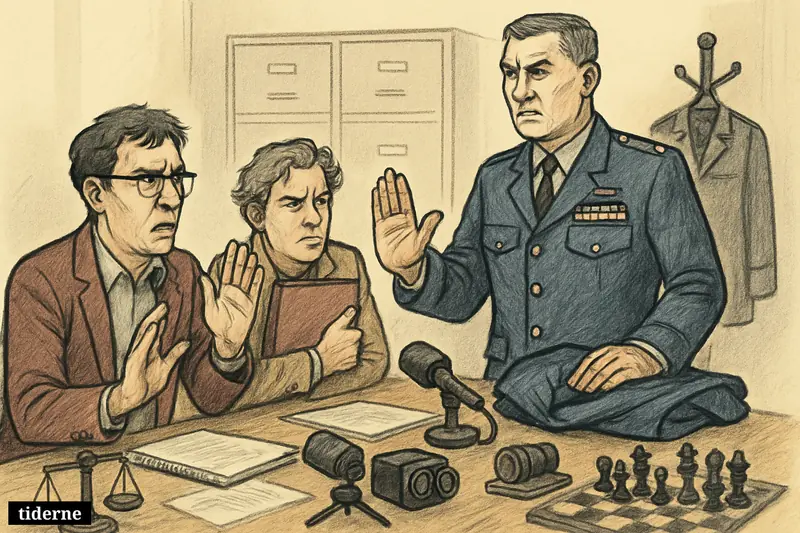 Military officer silences two civilian researchers in an office, with idle media equipment, folded uniform, and regulation symbols nearby.