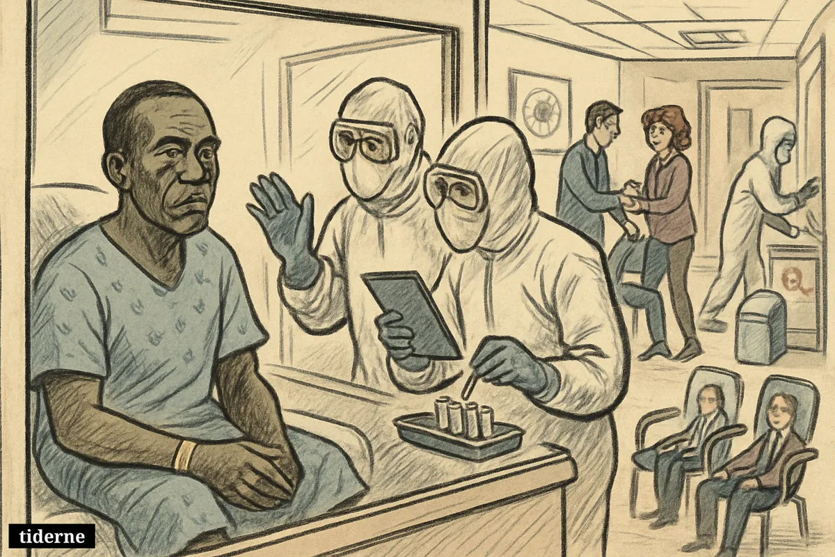 A Congo doctor sits isolated behind glass as protective-suited hospital staff monitor him and separate contacts in a quarantine ward.