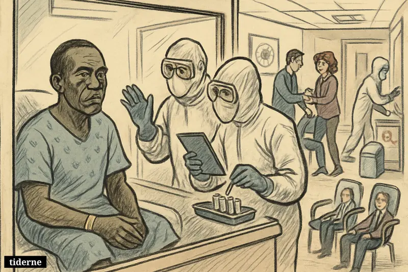 A Congo doctor sits isolated behind glass as protective-suited hospital staff monitor him and separate contacts in a quarantine ward.