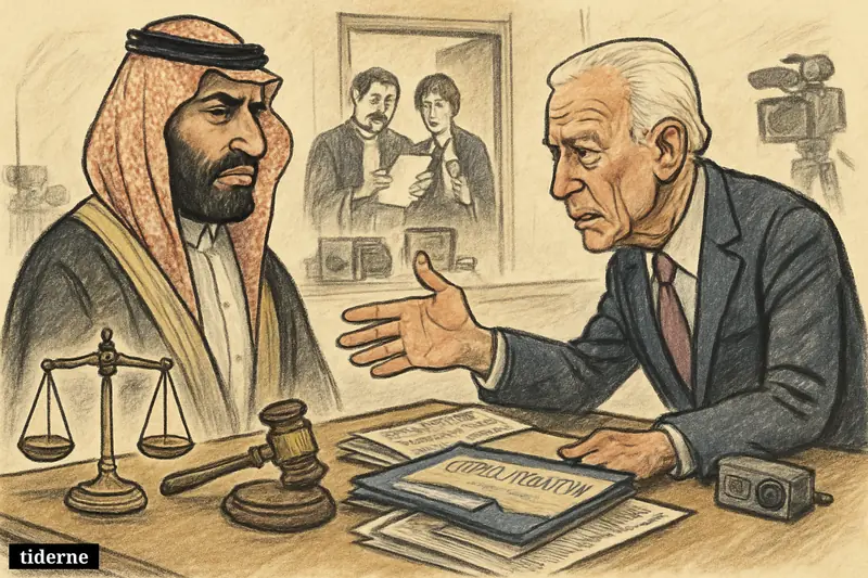 Caricature of Mohammed bin Salman and Joe Biden confronting each other across a judge’s desk during an international investigation scene.