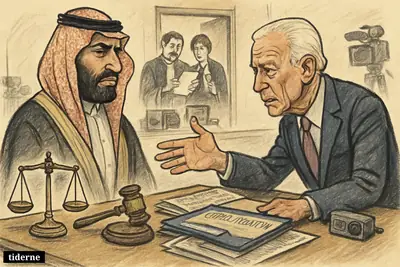 Caricature of Mohammed bin Salman and Joe Biden confronting each other across a judge’s desk during an international investigation scene.