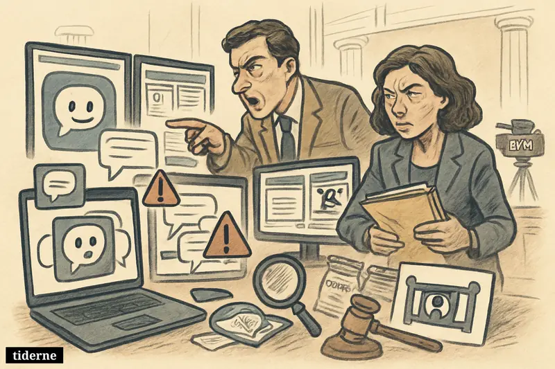 French investigators examine Coco-like chat platforms on screens, with broken age checks, evidence props, and a small news camera in a courthouse setting.