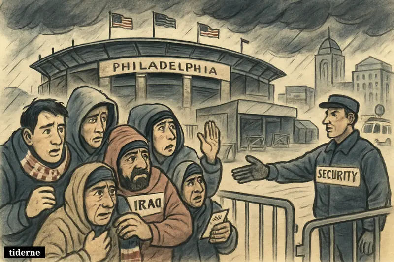 Fans in France and Iraq gear wait anxiously outside a closed Philadelphia stadium as stormy weather forces a football match delay.