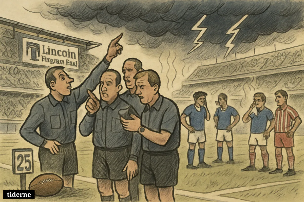 Football stadium scene with worried officials, sweating players, storm clouds over the pitch, and insurance-themed stadium branding suggesting a delayed match.