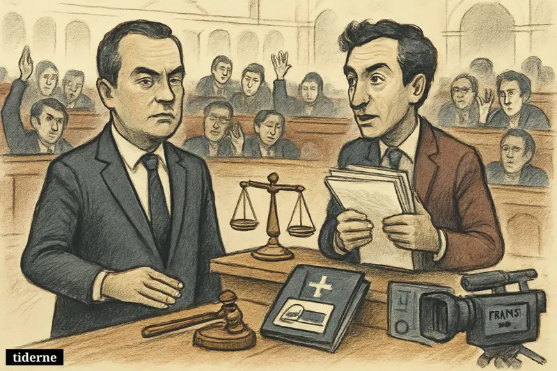 Caricature of Sébastien Lecornu and Olivier Falorni in France’s assembly chamber amid a tense vote on assisted dying legislation. (AI-genereret illustration)