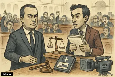 Caricature of Sébastien Lecornu and Olivier Falorni in France’s assembly chamber amid a tense vote on assisted dying legislation. (AI-genereret illustration)