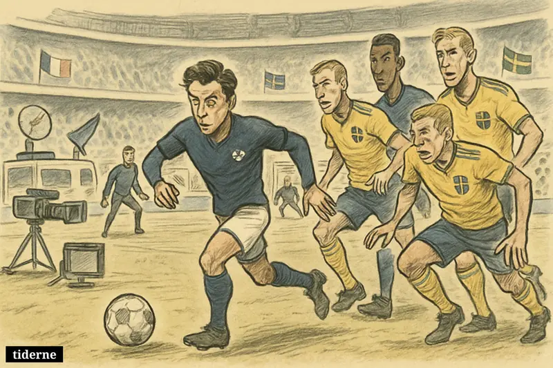 A caricature football attack by France against Sweden, with a central playmaker driving forward as defenders chase and cameras line the stadium.