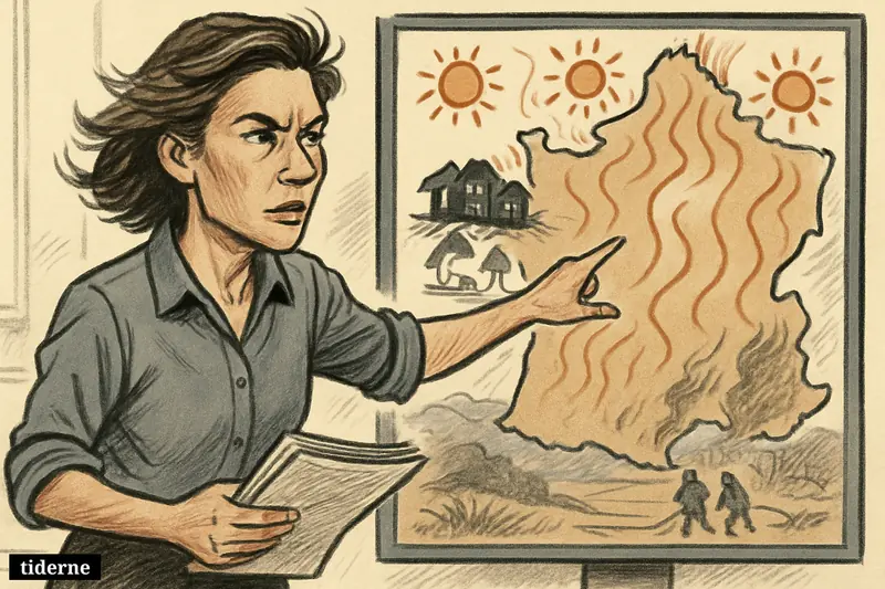 Caricature of meteorologist Samantha Burgess pointing at a heat-struck map of France with power outages in Brittany and wildfire smoke nearby.