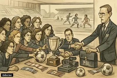 Fourteen women club representatives pull league control from a suited football official in a stadium boardroom beside pitchside players and media props. (AI-genereret illustration)