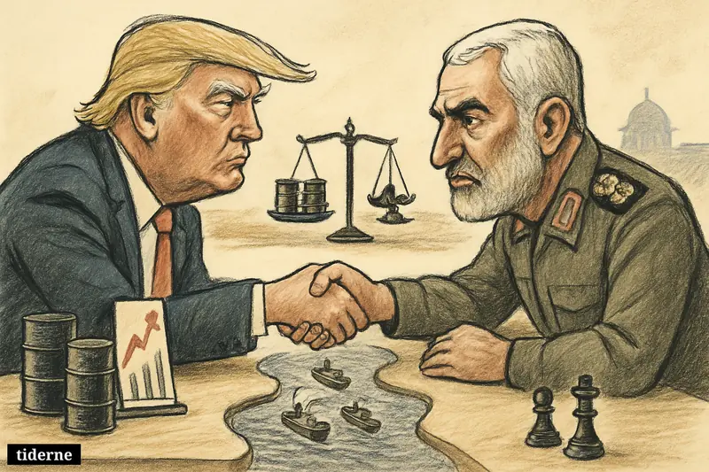 Trump and Soleimani caricatures begin a tense handshake over a Hormuz-shaped table with oil barrels, tankers, and stock-market symbols.