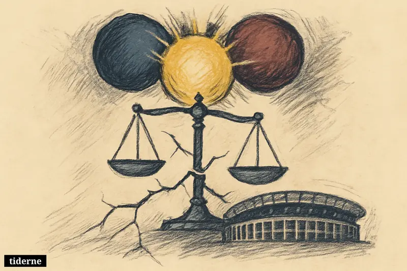 Three glowing spheres hover over cracked scales and a faint stadium curve on a dark black background (AI-genereret illustration)