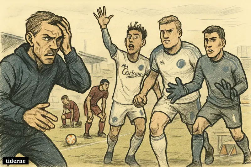 Bo Svensson reacts in disbelief while Larsson, Cornelius, and Kotarski celebrate on a football pitch as Fredericia players collapse after a late equalizer.