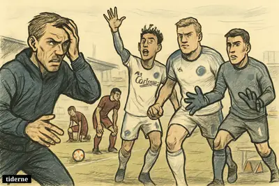 Bo Svensson reacts in disbelief while Larsson, Cornelius, and Kotarski celebrate on a football pitch as Fredericia players collapse after a late equalizer.