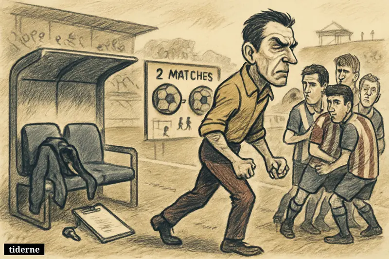 A tense football sideline scene with an abandoned dugout, anxious players, and an interim coach taking charge during a relegation fight.