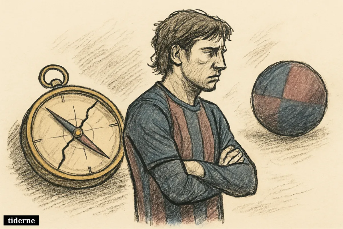 Cracked metallic compass lying beside a dim blue and red glowing sphere on a black background (AI-genereret illustration)