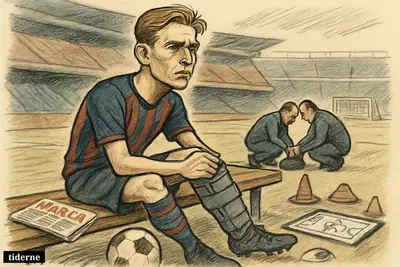 Caricature of Frenkie de Jong on a stadium bench clutching an injured knee while medical staff examine him before the season starts. (AI-genereret illustration)