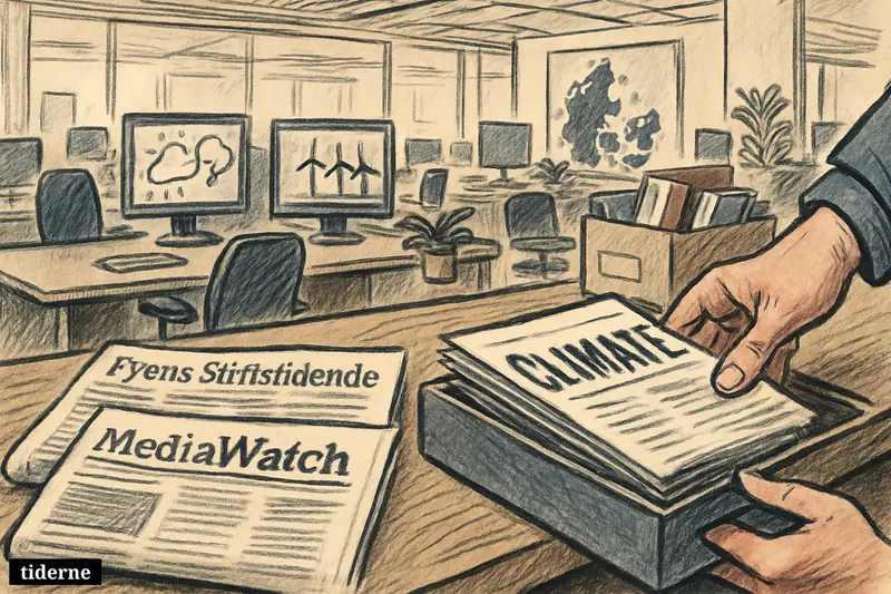 A caricature newsroom shows a boxed-up climate desk inside an active newspaper office, with Danish media papers and environmental reporting props. (AI-genereret illustration)