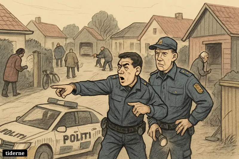 Police and residents search gardens, garages, and yards in a quiet neighborhood during a local missing-person operation. (AI-genereret illustration)