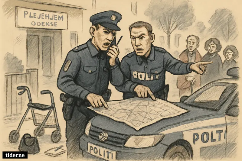Two police officers coordinate a search outside a care home, with an empty walker and handbag suggesting a missing elderly resident. (AI-genereret illustration)