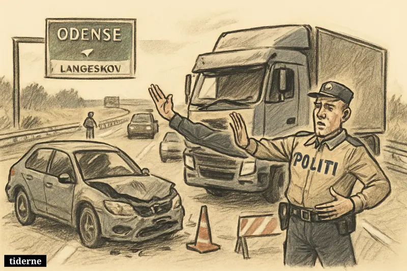 Caricature scene of a motorway crash with a damaged car, a truck, police directing traffic, and vehicles passing through one reopened lane.