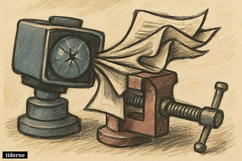 Cracked camera lens and scattered papers compressed in a metal vice against a dark studio background (AI-genereret illustration)