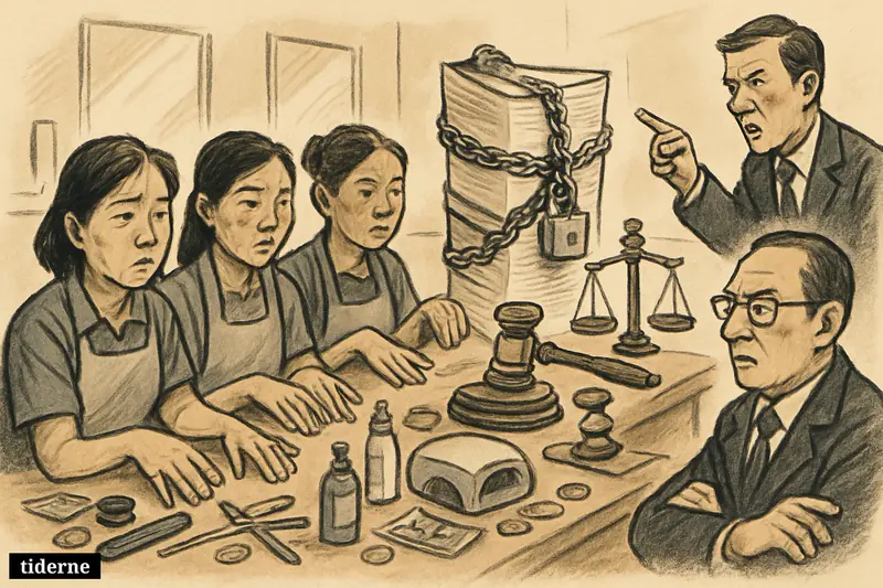 Vietnamese women in a nail salon merged with a courtroom, facing towering chained debt papers, legal symbols, and a tense forced-labor atmosphere.