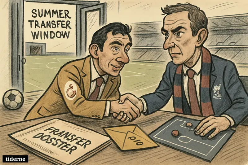 Two football executives in a tense transfer meeting, with a bid envelope on the table and a sparse defensive tactics board behind them.