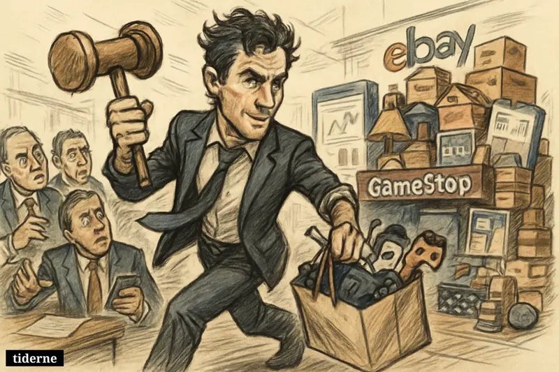 Ryan Cohen strides forward with a gavel toward a huge online marketplace stall as skeptical investors watch amid retail and finance symbols.