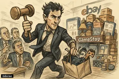 Ryan Cohen strides forward with a gavel toward a huge online marketplace stall as skeptical investors watch amid retail and finance symbols.