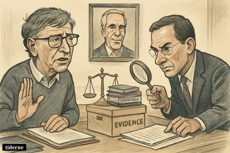 Bill Gates and Mark Suzman examine foundation documents in a boardroom while a scrutinized image of Jeffrey Epstein looms in the background.