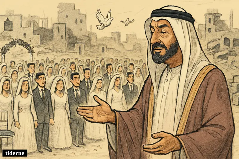 Khalifa bin Zayed Al Nahyan presides over a large Gaza mass wedding, with rows of newlyweds celebrating amid damaged buildings and aid supplies.