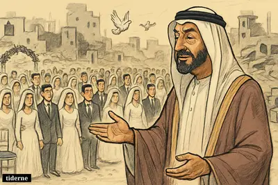 Khalifa bin Zayed Al Nahyan presides over a large Gaza mass wedding, with rows of newlyweds celebrating amid damaged buildings and aid supplies.