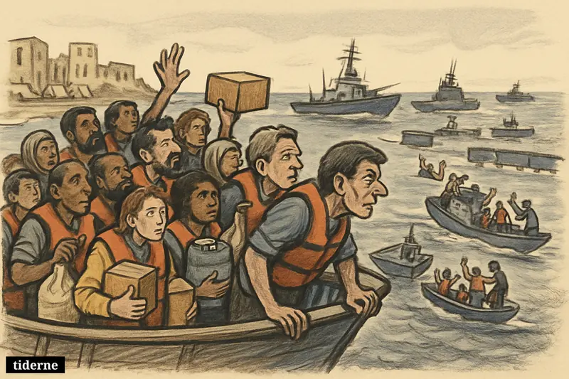 A packed aid flotilla of activists faces a naval blockade at sea, with supplies onboard and a damaged shoreline visible in the distance.