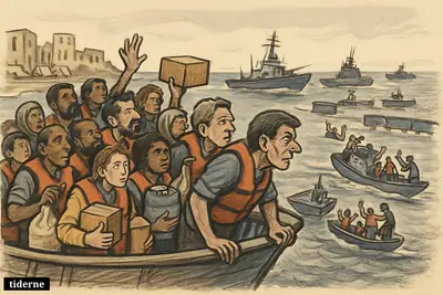 A packed aid flotilla of activists faces a naval blockade at sea, with supplies onboard and a damaged shoreline visible in the distance.