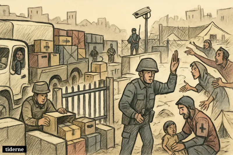 Aid trucks are stopped at a fortified Gaza border crossing as inspectors delay supplies while desperate civilians and aid workers wait beyond fences.
