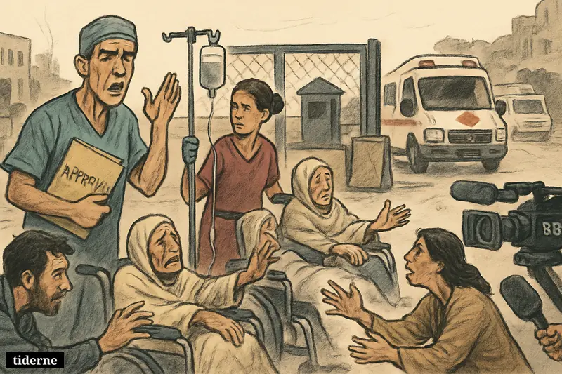 Frail patients, family members, and medics wait helplessly at a closed Gaza border crossing with ambulances blocked nearby.