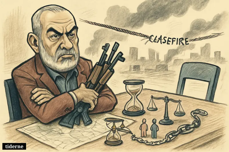 Caricature of Khalil al-Hayya clutching weapons at a negotiation table, with ceasefire symbols and war-torn Gaza elements behind him.