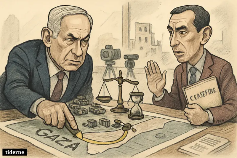 Netanyahu pushes a yellow boundary across a Gaza map while Ramiz Alakbarov gestures cautiously across a tense ceasefire table.