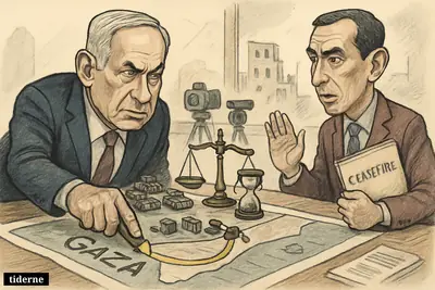 Netanyahu pushes a yellow boundary across a Gaza map while Ramiz Alakbarov gestures cautiously across a tense ceasefire table.