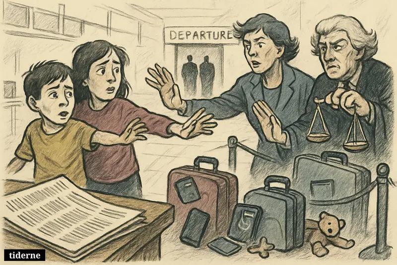 A worried child and teenager with suitcases at an airport are pulled between stern adults and protective legal figures intervening.