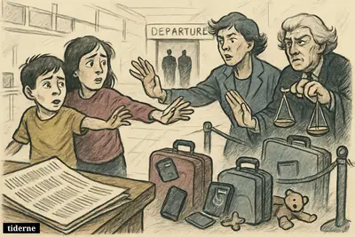 A worried child and teenager with suitcases at an airport are pulled between stern adults and protective legal figures intervening.