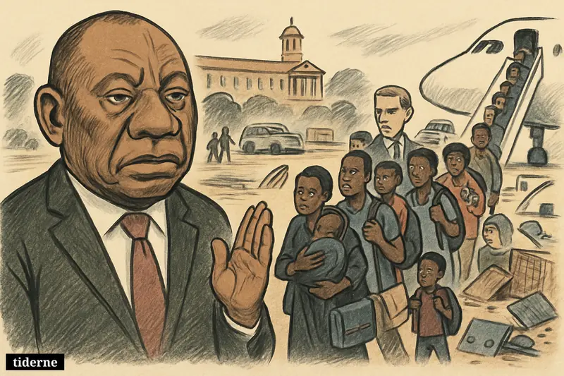 Cyril Ramaphosa stands tensely near Ghanaian evacuees with luggage being escorted toward a plane amid unrest outside government buildings.