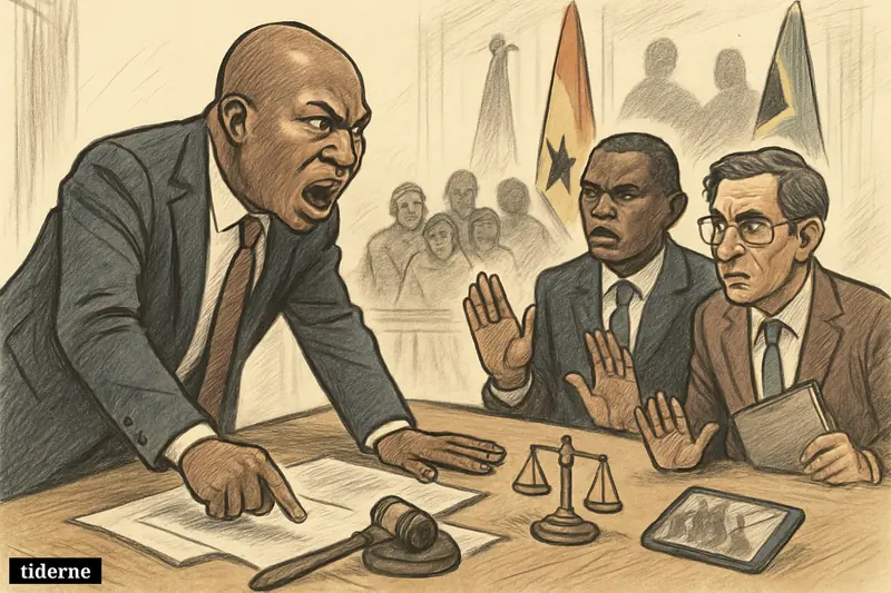 Caricature of Ghanaian and South African officials in a tense diplomatic confrontation over migrant abuse, with justice symbols and frightened migrants behind them.