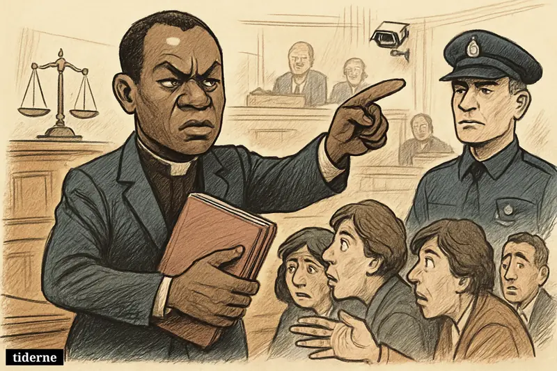 John Ntim Fordjour dominates a parliament scene, pointing toward police as anxious citizens and symbols of surveillance and unequal justice surround him.